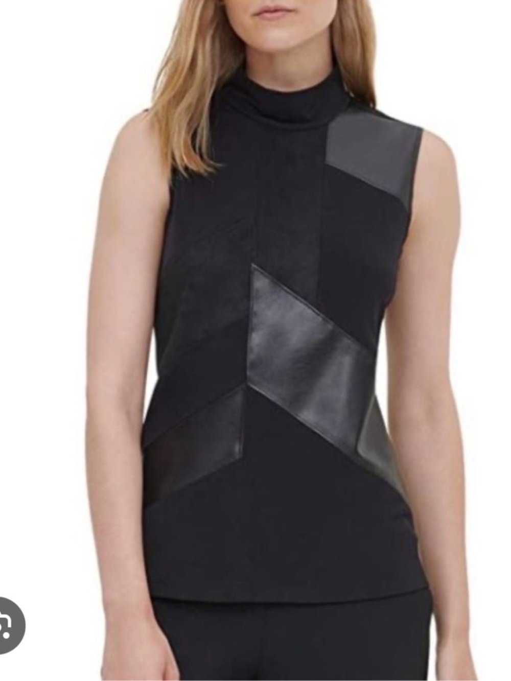 Calvin Klein Black Mock Neck Sleeveless Tank with Faux-Leather Panels